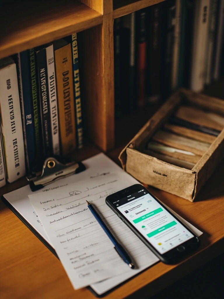Bookshelves, a half-packed shipping box and a printed inventory list.